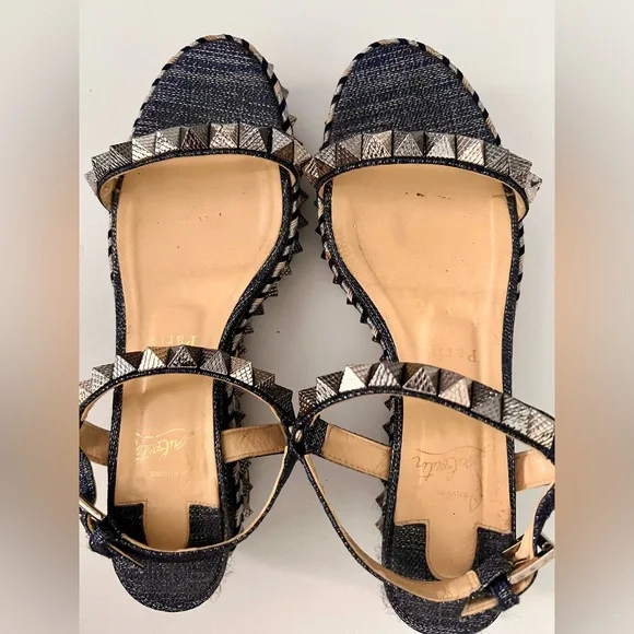 Christian Louboutin Blue DenimPyaclou Studded Ankle Strap Platform Sandals 38 - Picture 6 of 10